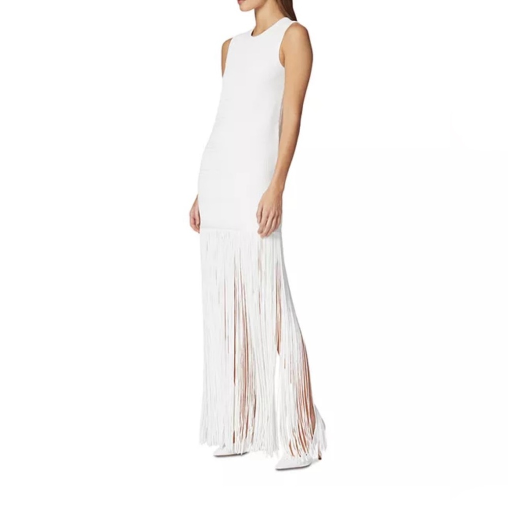NWT Herve Leger Ottoman Ribbed Shadow Stripe Fringe Gown in white (Alabaster)